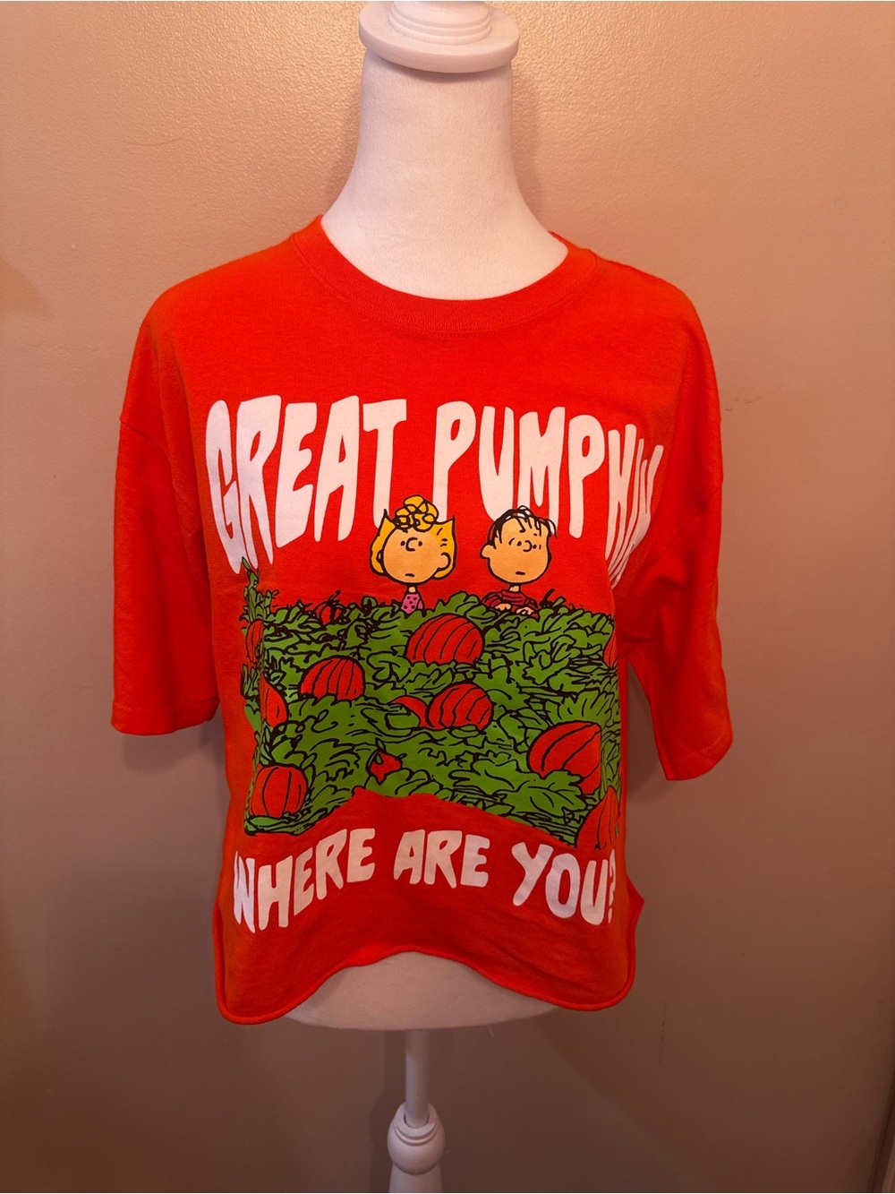 Peanuts Snoopy Orange Cropped Great Pumpkin Where are you Women’s Tshirt Large